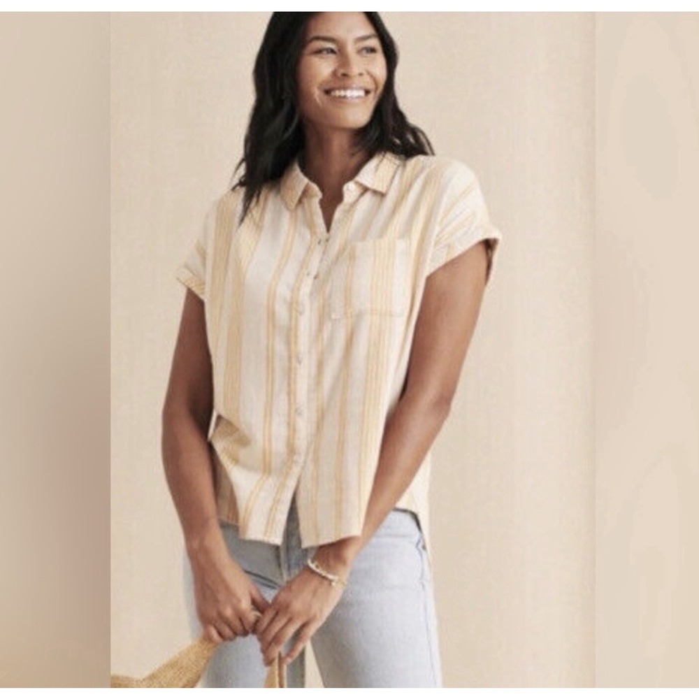 Faherty Yellow Stripe L Cotton Lagenlook Coastal Avery Button Up Gauzy Shirt
